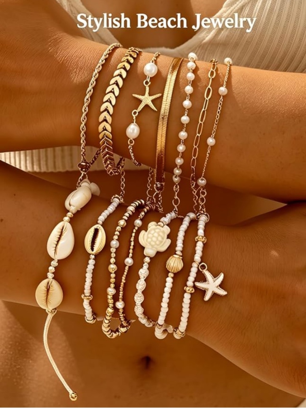Anthropologie Gold and White Beach Charm Bracelet Set